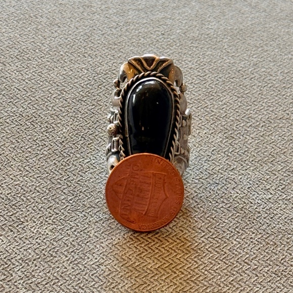 Vintage Sterling Silver 925 Onyx Carved Face Mask Poison Ring TF32 - Picture 9 of 9